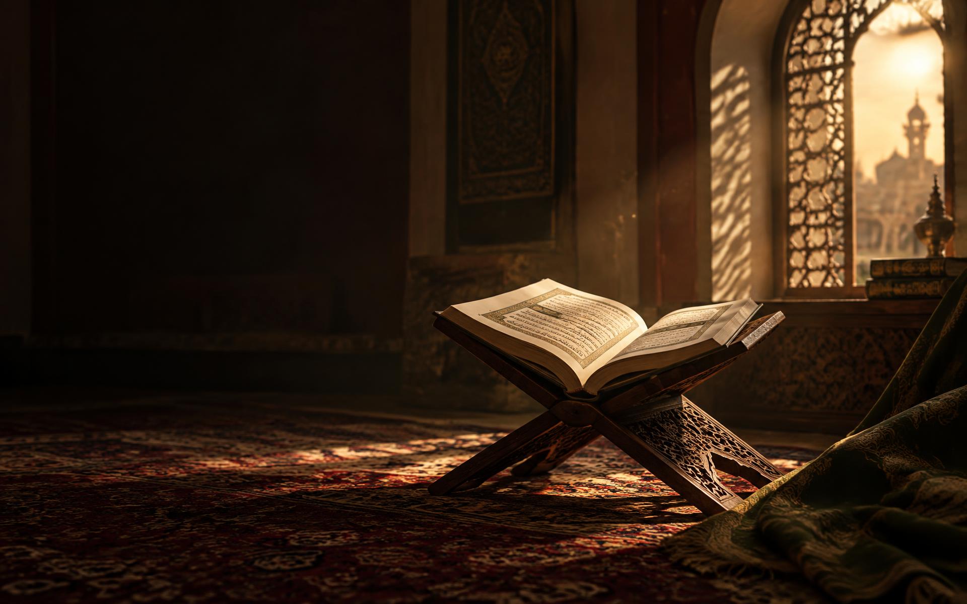 An open Quran illuminated by warm window light